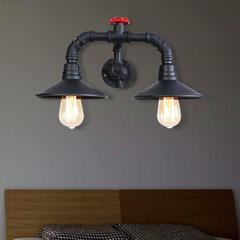 Industrial Black Plumbing Pipe Wall Sconce With Red Valve: Rustic Metallic Stairway Lighting