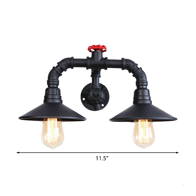 Industrial Black Plumbing Pipe Wall Sconce With Red Valve: Rustic Metallic Stairway Lighting