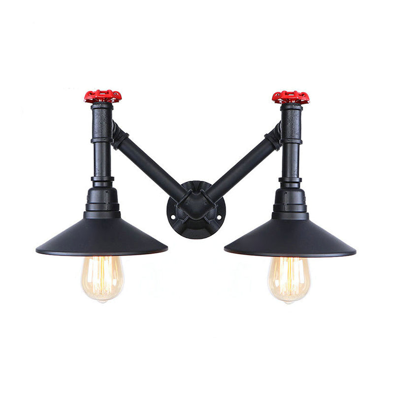 Black Metal Warehouse Style 2-Head Wall Lamp With Saucer Shade And Pipe Valve