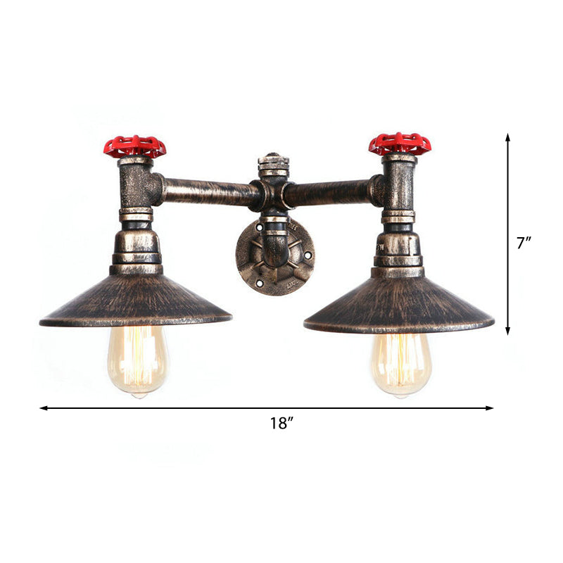 Steampunk Wrought Iron Wall Sconce - Weathered Bronze 2 Bulbs Cone Shade Red Valve