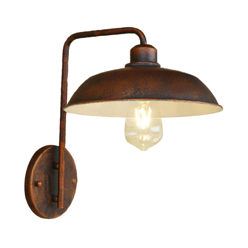 Antique Style 1-Light Barn Wall Sconce In Black/Rust Metallic Curved Arm For Hallway