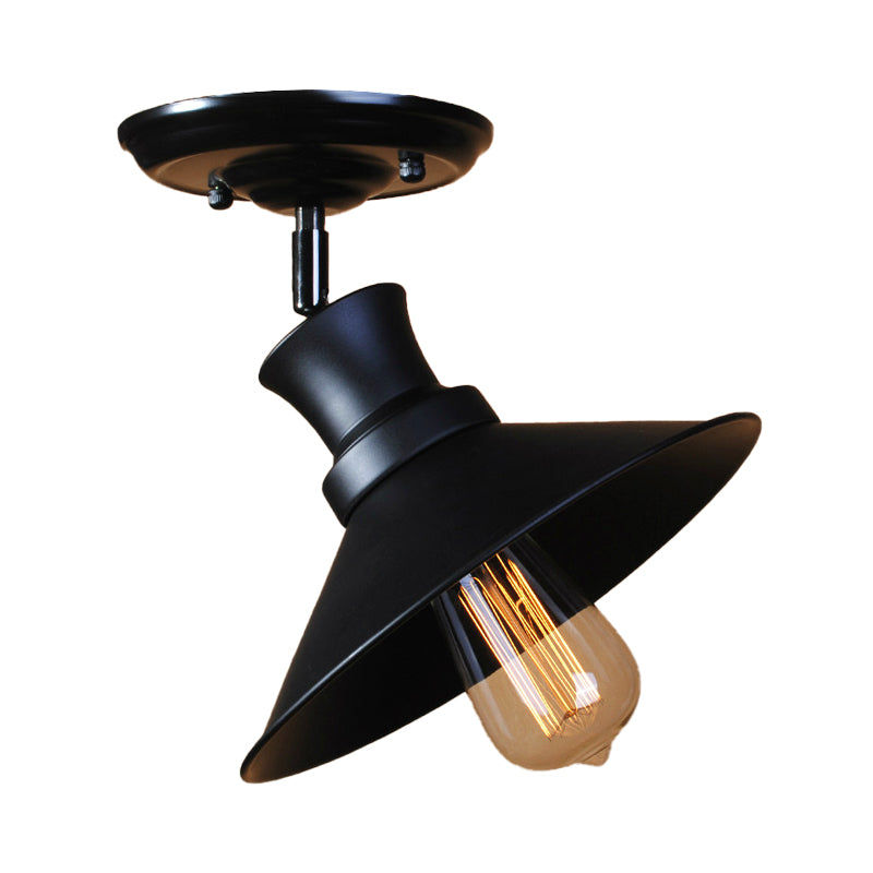 Industrial Style Bar Ceiling Light Fixture - Flared Semi Flush Black Metal with Rotatable Bulb