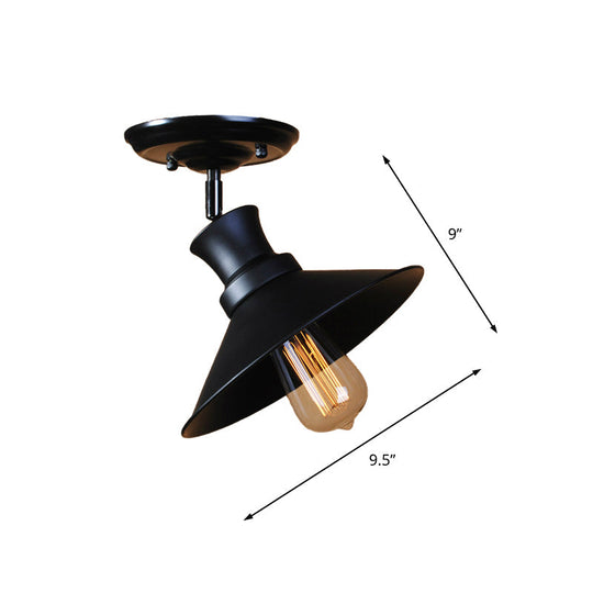 Industrial Style Bar Ceiling Light Fixture - Flared Semi Flush Black Metal with Rotatable Bulb