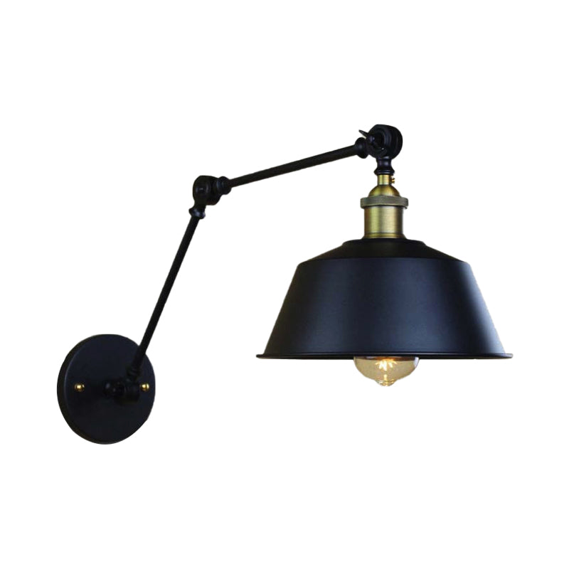 Retro Swing Arm Sconce Lighting - Metallic Wall Light Fixture With Tapered Shade In Black