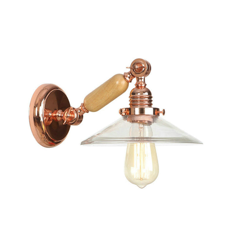 Rustic Rose Gold Cone Wall Sconce With Clear Glass Rotatable Arm 1 Light Living Room Lighting