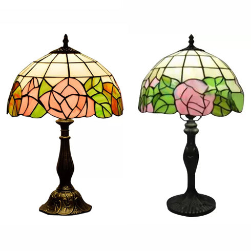 12/16 Pink Rose Tiffany Stained Glass Table Light With 1 In Bronze/Black