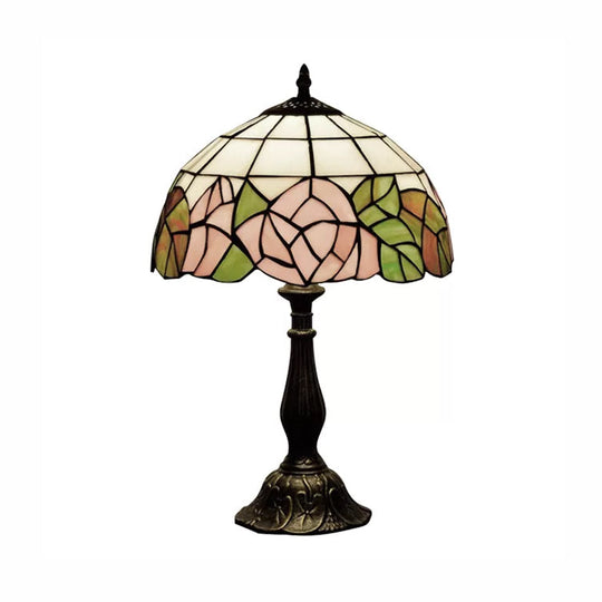 12/16 Pink Rose Tiffany Stained Glass Table Light With 1 In Bronze/Black