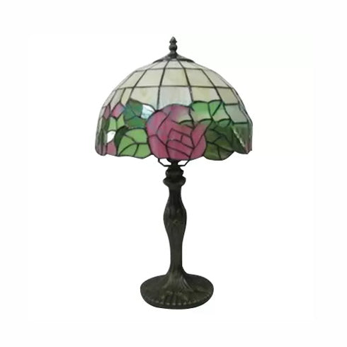 12/16 Pink Rose Tiffany Stained Glass Table Light With 1 In Bronze/Black