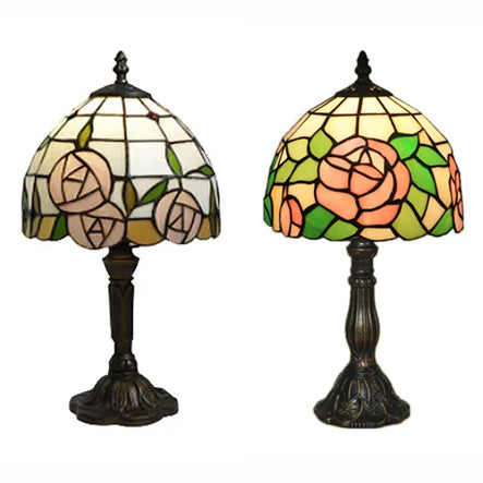 Tiffany Rose Stained Glass Table Lamp - Pink-White/Pink Decorative Standing Light For Bedroom