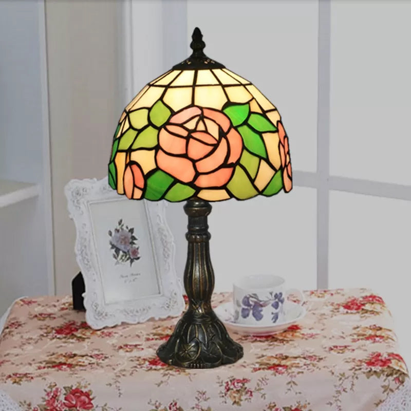 Tiffany Rose Stained Glass Table Lamp - Pink-White/Pink Decorative Standing Light For Bedroom Pink