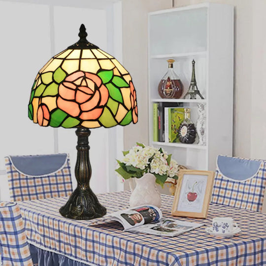 Tiffany Rose Stained Glass Table Lamp - Pink-White/Pink Decorative Standing Light For Bedroom