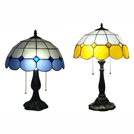 Grid Design Stained Glass Dome Table Light - Blue/Yellow 2 Lights Traditional Lighting