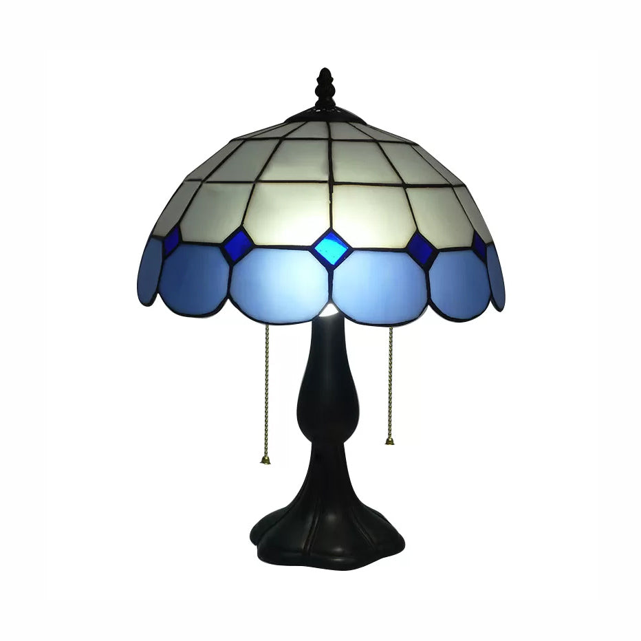 Grid Design Stained Glass Dome Table Light - Blue/Yellow 2 Lights Traditional Lighting Blue