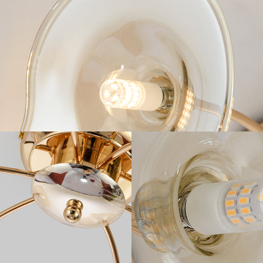 6-Light Nordic Gold Semi Flush Mount Ceiling Lamp with Trumpet Glass Shades for Dining Room