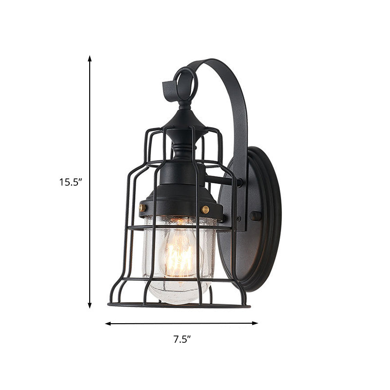 Industrial Black Seedy Glass Wall Sconce With Metal Cage Frame And Bell Shade For Corridor Lighting