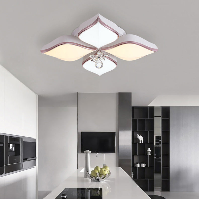 Contemporary Flower Ceiling Mounted Fixture: Acrylic Flush Light In White With Crystal Drop For