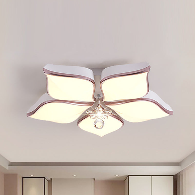 Contemporary Flower Ceiling Mounted Fixture: Acrylic Flush Light In White With Crystal Drop For