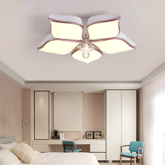 Contemporary Flower Ceiling Mounted Fixture: Acrylic Flush Light In White With Crystal Drop For