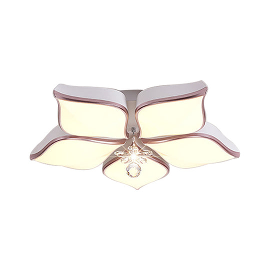 Contemporary Flower Ceiling Mounted Fixture: Acrylic Flush Light In White With Crystal Drop For