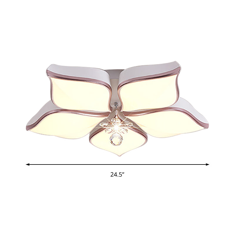 Contemporary Flower Ceiling Mounted Fixture: Acrylic Flush Light In White With Crystal Drop For