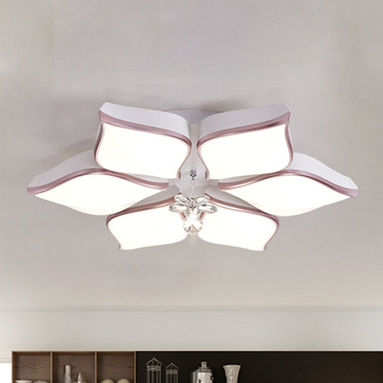 Contemporary Flower Ceiling Mounted Fixture: Acrylic Flush Light In White With Crystal Drop For