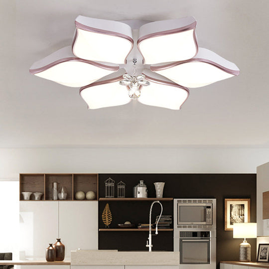 Contemporary Flower Ceiling Mounted Fixture: Acrylic Flush Light In White With Crystal Drop For