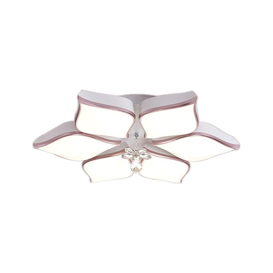 Contemporary Flower Ceiling Mounted Fixture: Acrylic Flush Light In White With Crystal Drop For