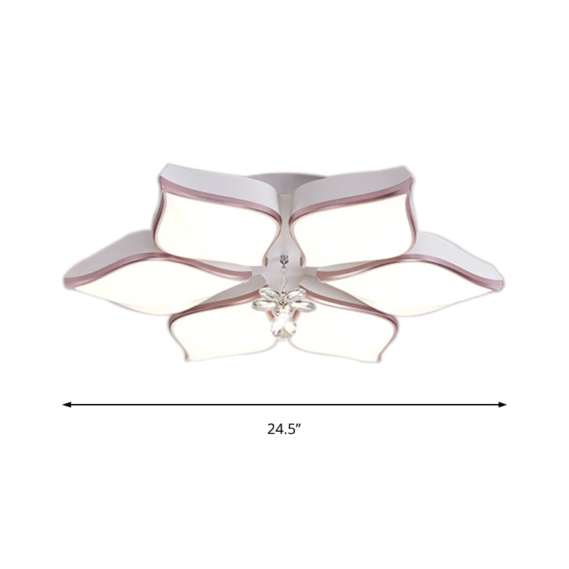 Contemporary Flower Ceiling Mounted Fixture: Acrylic Flush Light In White With Crystal Drop For