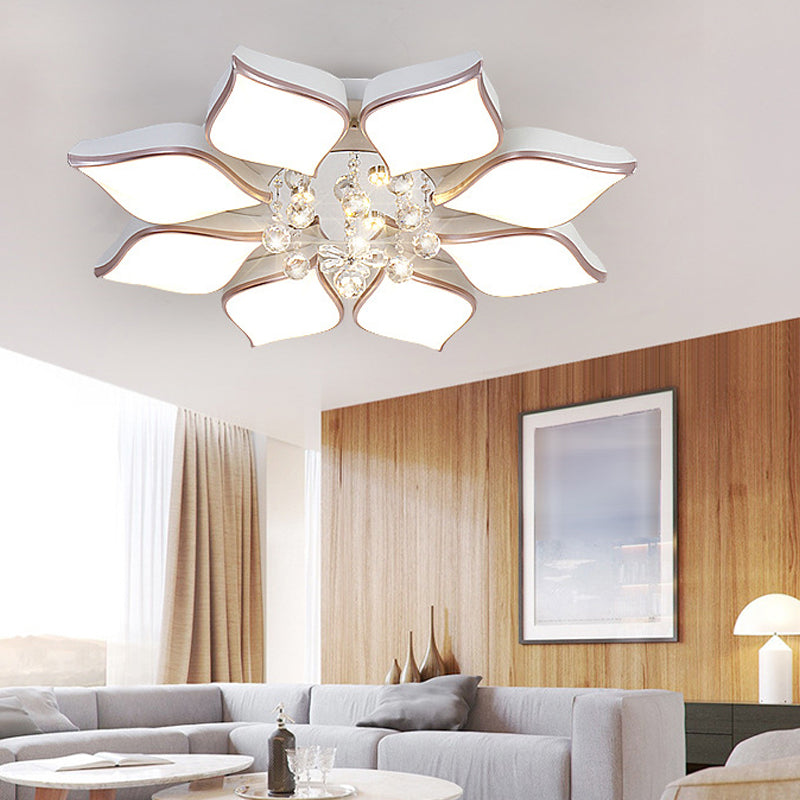 Modern White Blooming Flush Mount Ceiling Light With Crystal Drop - 8/10 Heads Warm Ambiance For