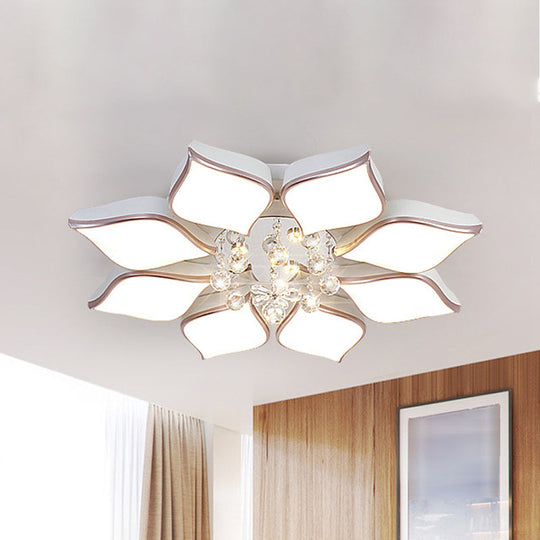 Modern White Blooming Flush Mount Ceiling Light With Crystal Drop - 8/10 Heads Warm Ambiance For