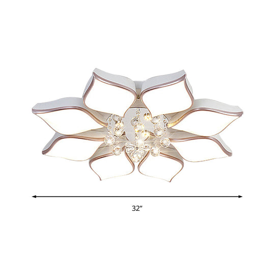 Modern White Blooming Flush Mount Ceiling Light With Crystal Drop - 8/10 Heads Warm Ambiance For