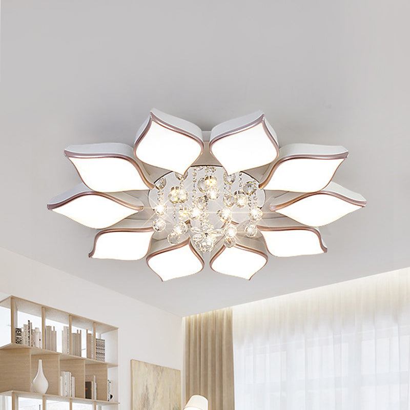 Modern White Blooming Flush Mount Ceiling Light With Crystal Drop - 8/10 Heads Warm Ambiance For