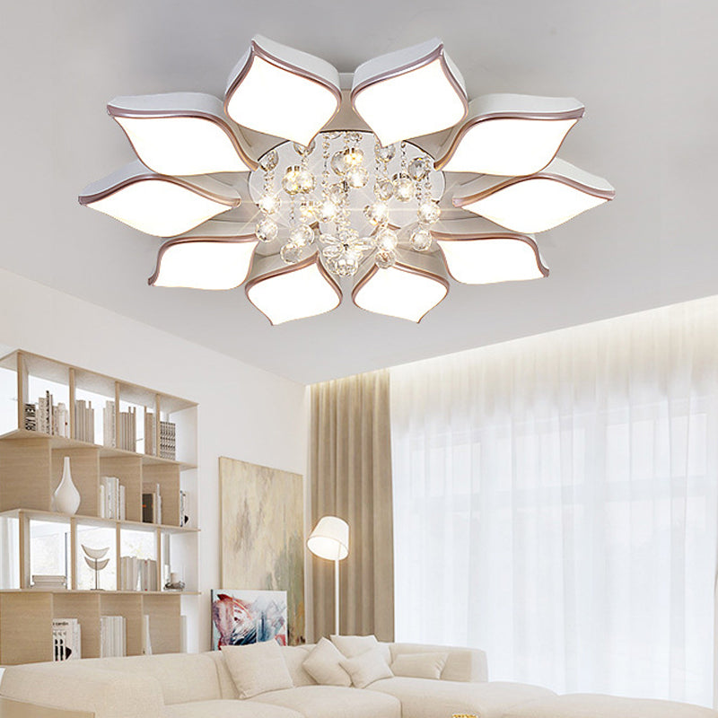 Modern White Blooming Flush Mount Ceiling Light With Crystal Drop - 8/10 Heads Warm Ambiance For