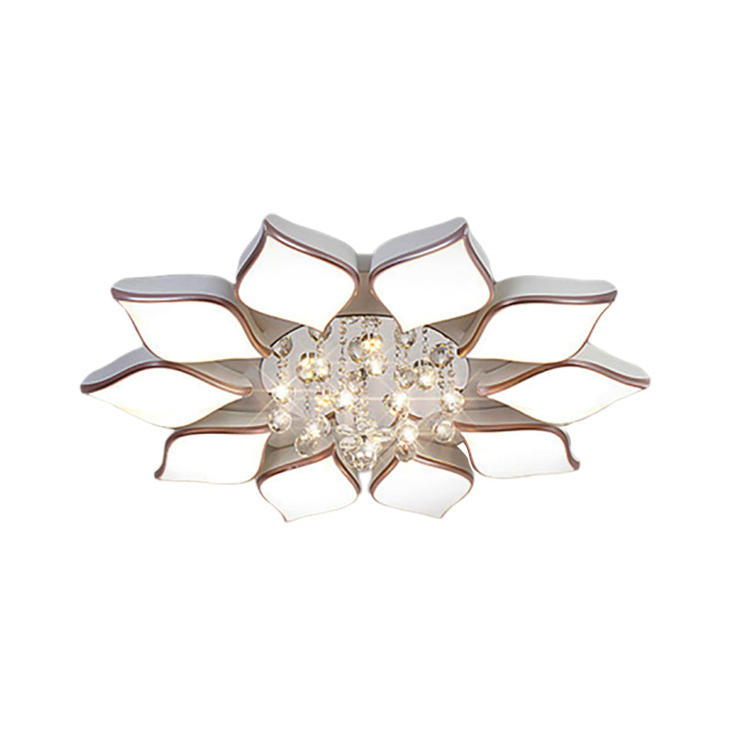 Modern White Blooming Flush Mount Ceiling Light With Crystal Drop - 8/10 Heads Warm Ambiance For