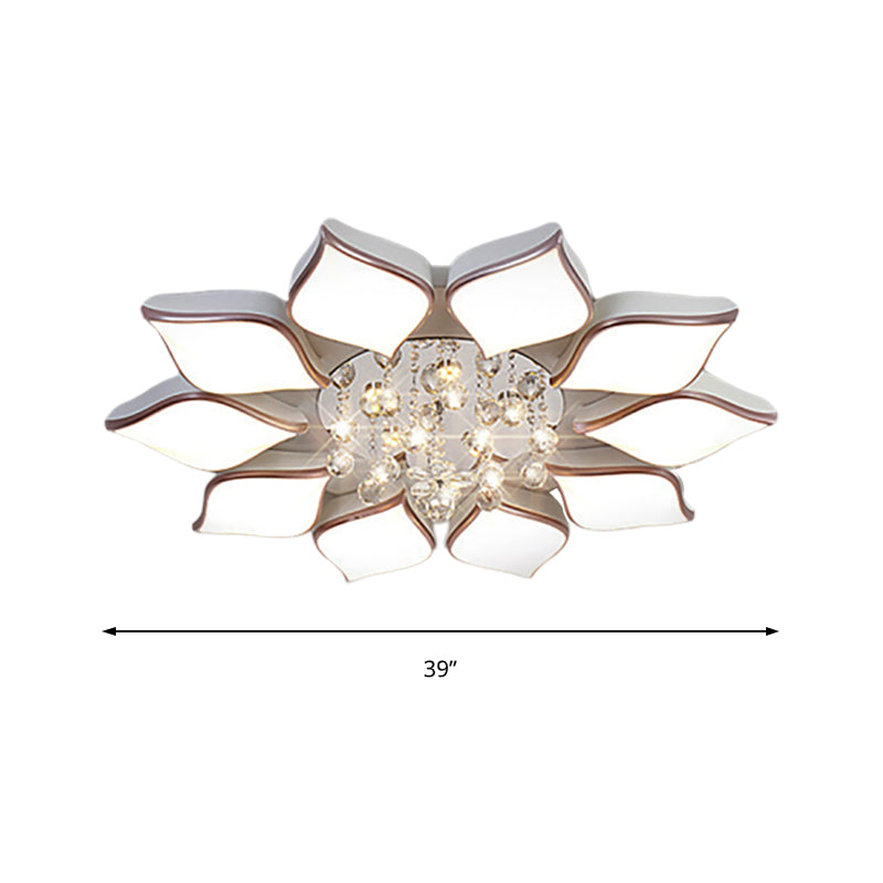 Modern White Blooming Flush Mount Ceiling Light With Crystal Drop - 8/10 Heads Warm Ambiance For