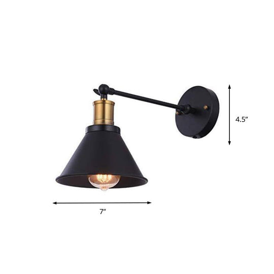 Industrial Metal Cone Wall Sconce Light Fixture For Bedroom - Black 1-Light