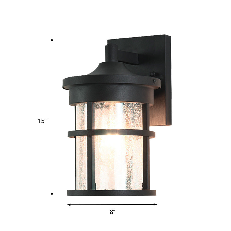 Outdoor Vintage Crackle Glass Cylinder Wall Sconce Lamp - 1 Light Black Fixture 6/8 Wide