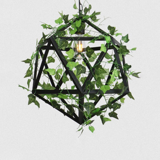 Industrial Green Iron Ceiling Chandelier with 3-Lights, Fake Plant and Cage - Restaurant Pendant Lamp