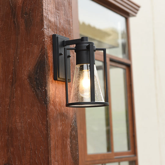 Industrial Black Sconce With Seeded Glass And Metal Cage