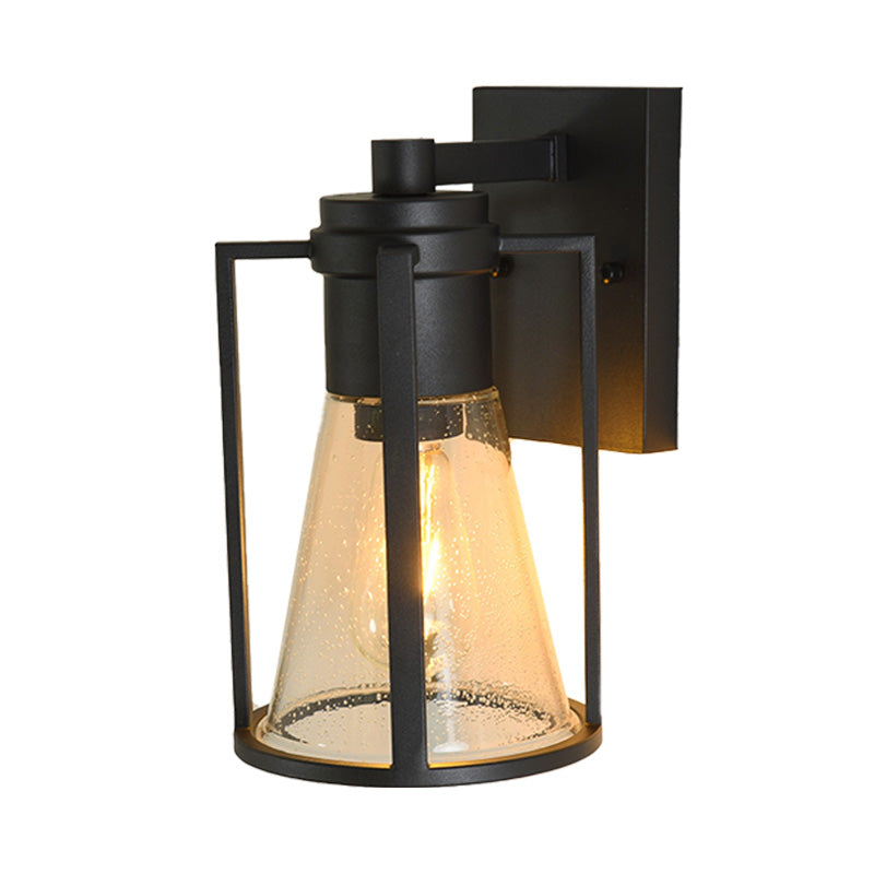 Industrial Black Sconce With Seeded Glass And Metal Cage