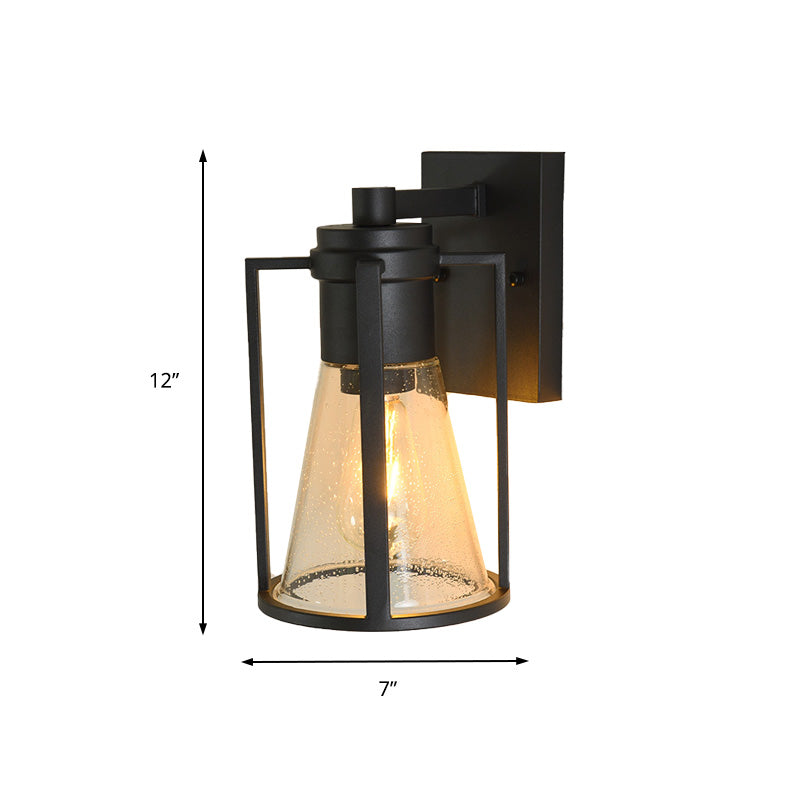 Industrial Black Sconce With Seeded Glass And Metal Cage