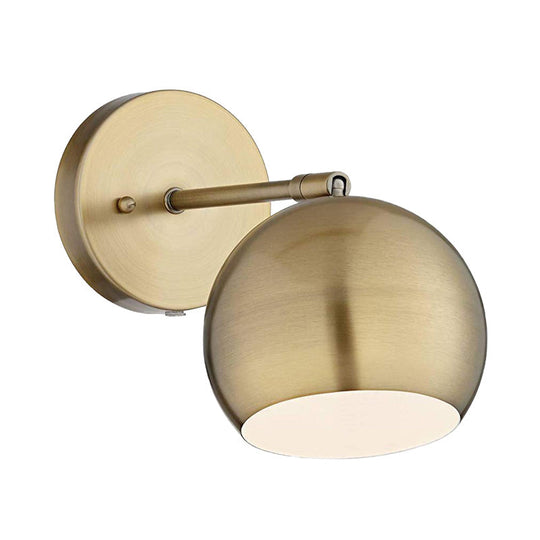 One Bulb Metal Industrial Wall Light With Round Shade In Brass - Ideal For Living Room Sconce