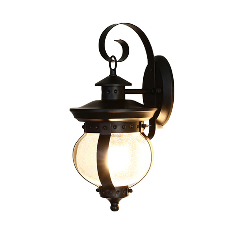 Industrial Seeded Glass Wall Lamp With Curved Arm For Bedroom - Single Bulb Sconce Light