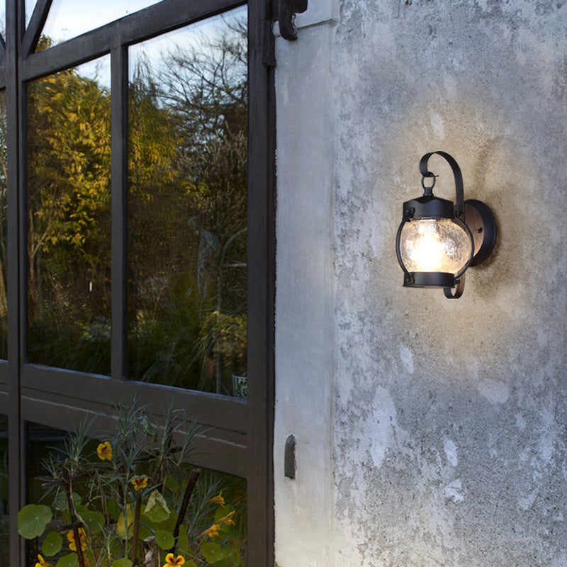 One Bulb Industrial Porch Sconce Lighting Fixture With Bubble Glass Cylinder/Lantern Shade In Black