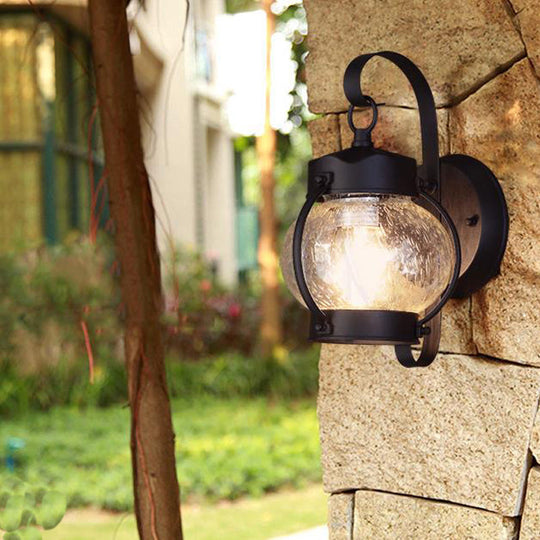 One Bulb Industrial Porch Sconce Lighting Fixture With Bubble Glass Cylinder/Lantern Shade In Black