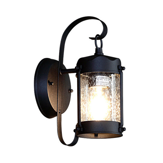 One Bulb Industrial Porch Sconce Lighting Fixture With Bubble Glass Cylinder/Lantern Shade In Black