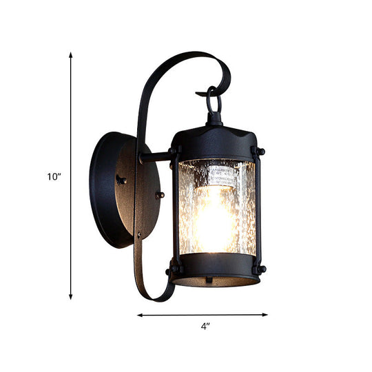 One Bulb Industrial Porch Sconce Lighting Fixture With Bubble Glass Cylinder/Lantern Shade In Black