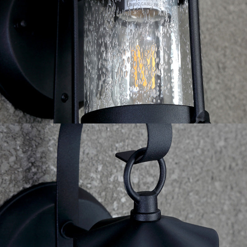 One Bulb Industrial Porch Sconce Lighting Fixture With Bubble Glass Cylinder/Lantern Shade In Black