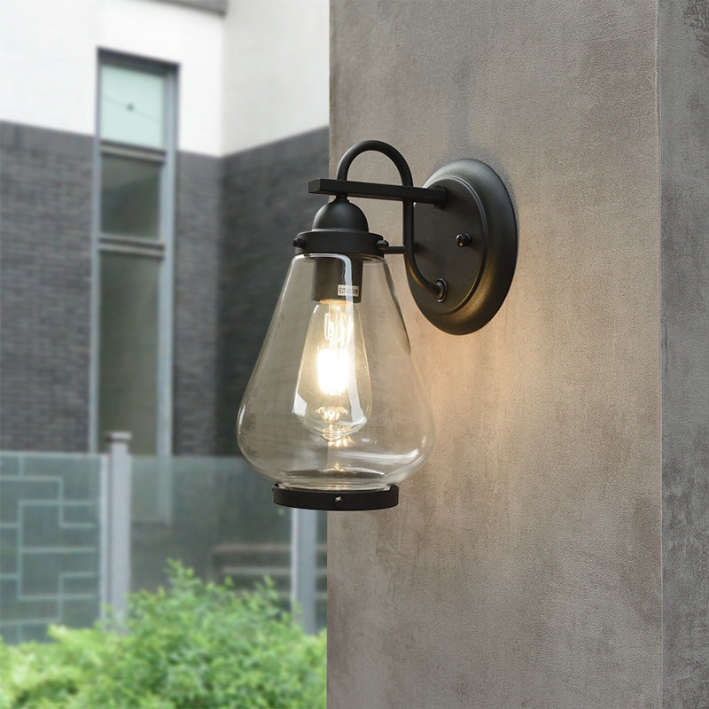 Industrial Cone Shade Porch Wall Light Fixture - Clear Glass 1 Black Sconce Lamp