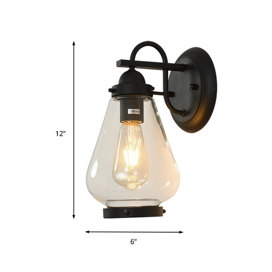 Industrial Cone Shade Porch Wall Light Fixture - Clear Glass 1 Black Sconce Lamp